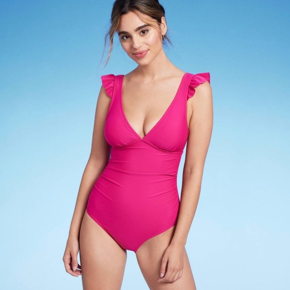 Kona Sol Other - Kona Sol Ruffle Shoulder Ruched High-Coverage One-Piece Swimsuit Pink Large NWT